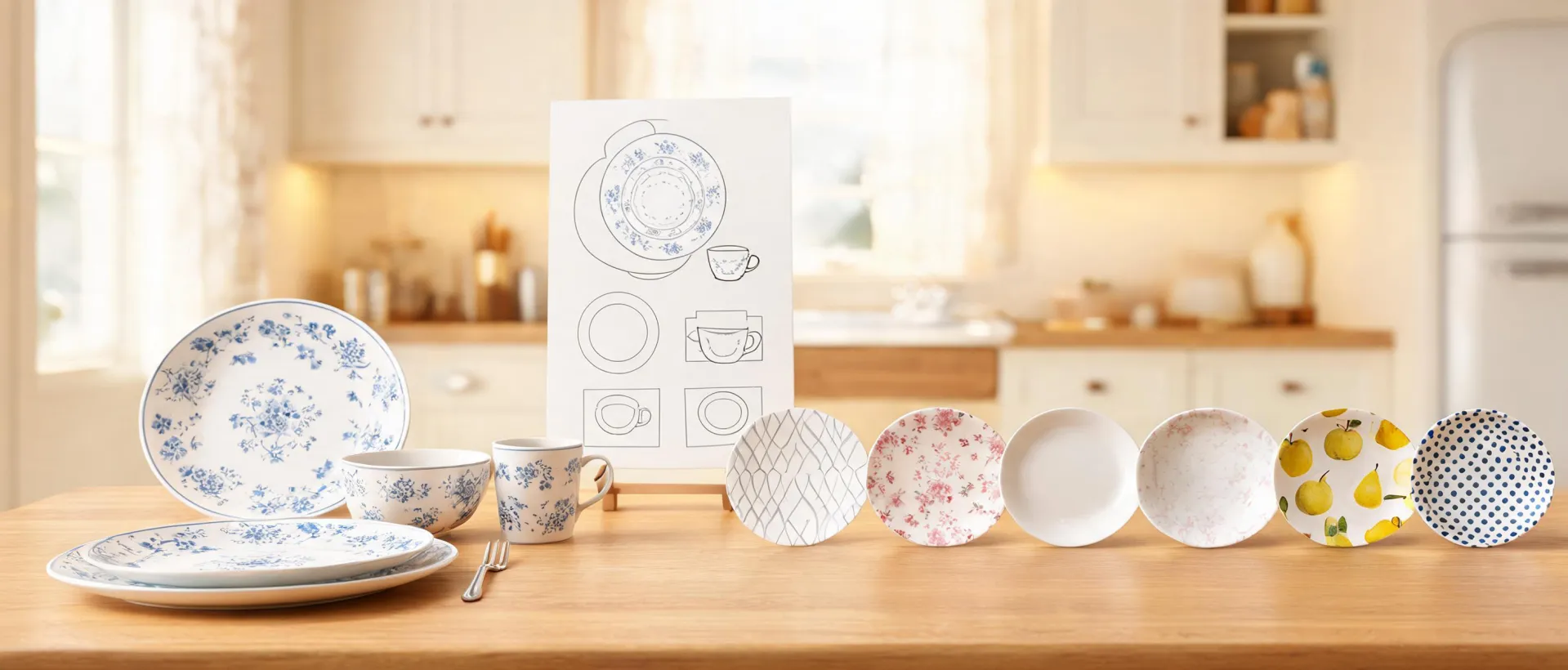 Corelle buying guide table with place settings and pattern swatches