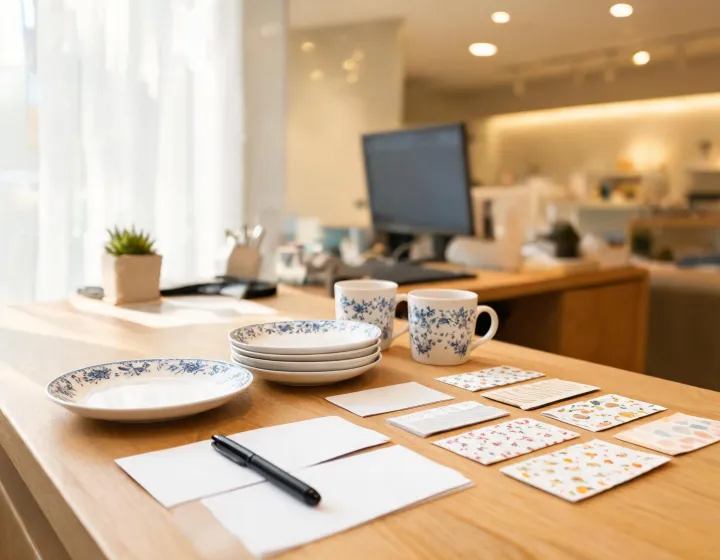 Corelle customer support desk with dinnerware samples