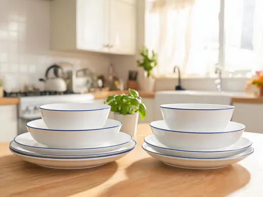 Dinnerware sets stacked on a kitchen table