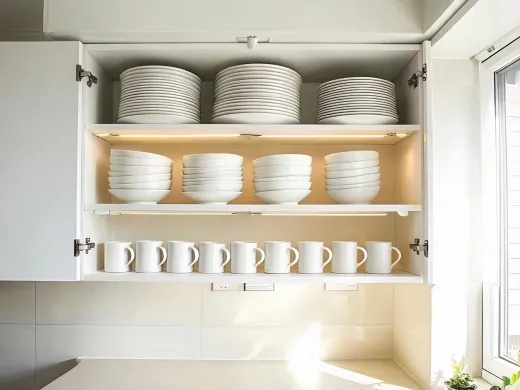 Apartment kitchen cabinet with stacked plates