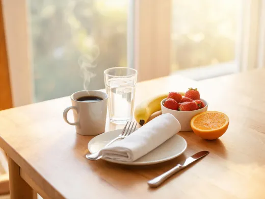 Corelle mugs and glasses beside breakfast