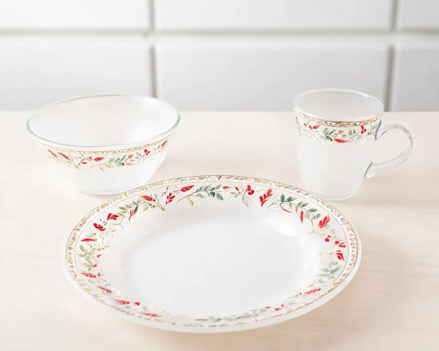 Corelle dinnerware shown in several coordinated colors