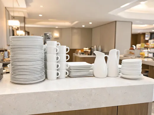 Hospitality breakfast buffet with white plates