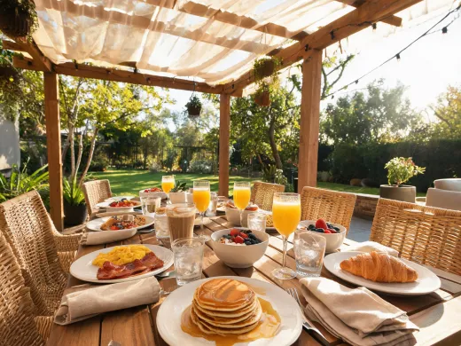 Outdoor brunch table with Corelle style plates